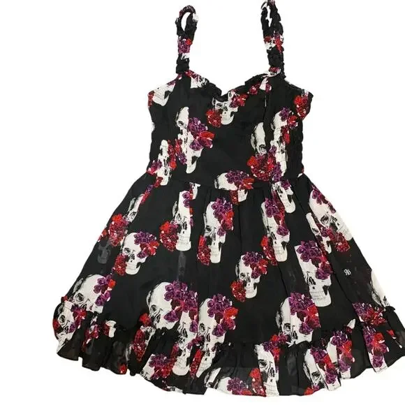 WhimsyGoth Dress Royal Bones by Daang Skull Print Sz Medium Black Chiffon - Picture 3 of 16